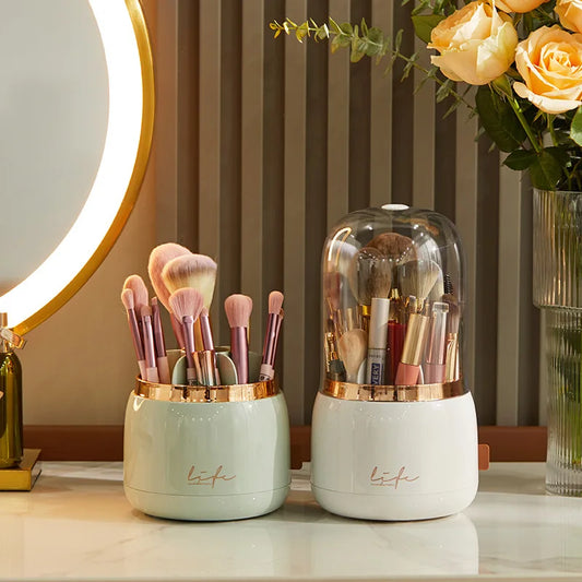 360° Rotating Makeup Brush Holder | Dustproof Transparent Acrylic Organizer with Lid