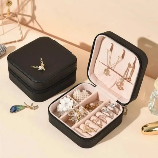Mini Leather Jewelry Box Organizer with Zip 2 Layers Cosmetics Ear Rings & Necklace Hanging Holder - Leyloo.pk