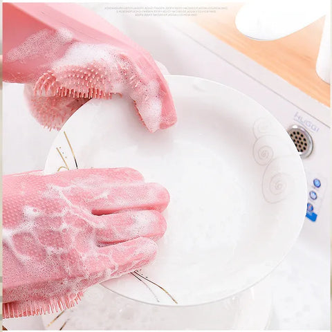 Gloves For Kitchen Magic Reusable Silicone Gloves with Wash Scrubber, Heat Resistant, for Cleaning, Household, Dish Washing, Washing the Car Kitchen, Bathroom, Pet and Multipurpose Cleaning and Washing