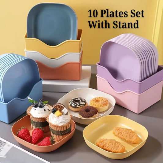 10 Pcs Plates Set with Holder – Durable Kitchen & Dining Plates