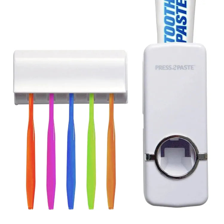 Automatic Toothpaste Dispenser with 5 Brush Holder – Wall Mounted Hands-Free Bathroom Organizer