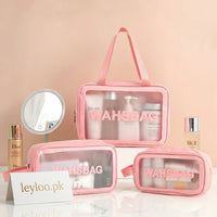 Set of 3 Portable Cosmetic Waterproof Bags – Large Capacity Transparent PVC Makeup Storage Handbags | Travel Toiletry Organizer for Women