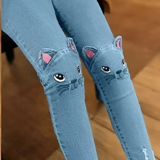 Cute Cat Knee Patch Skinny Jeans for Girls – Stretch Denim Casual Pants