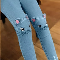 Cute Cat Knee Patch Skinny Jeans for Girls – Stretch Denim Casual Pants