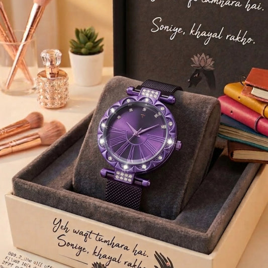 Women's Luxury Purple Analog Watch with Magnetic Mesh Strap & Premium Gift Box