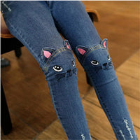 Cute Cat Knee Patch Skinny Jeans for Girls – Stretch Denim Casual Pants