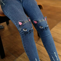 Cute Cat Knee Patch Skinny Jeans for Girls – Stretch Denim Casual Pants