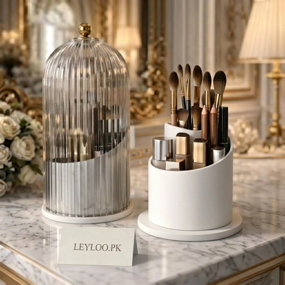 360° Rotating Makeup Brush Holder with Lid | Lipstick, Eyebrow & Cosmetic Organizer – Leyloo.pk