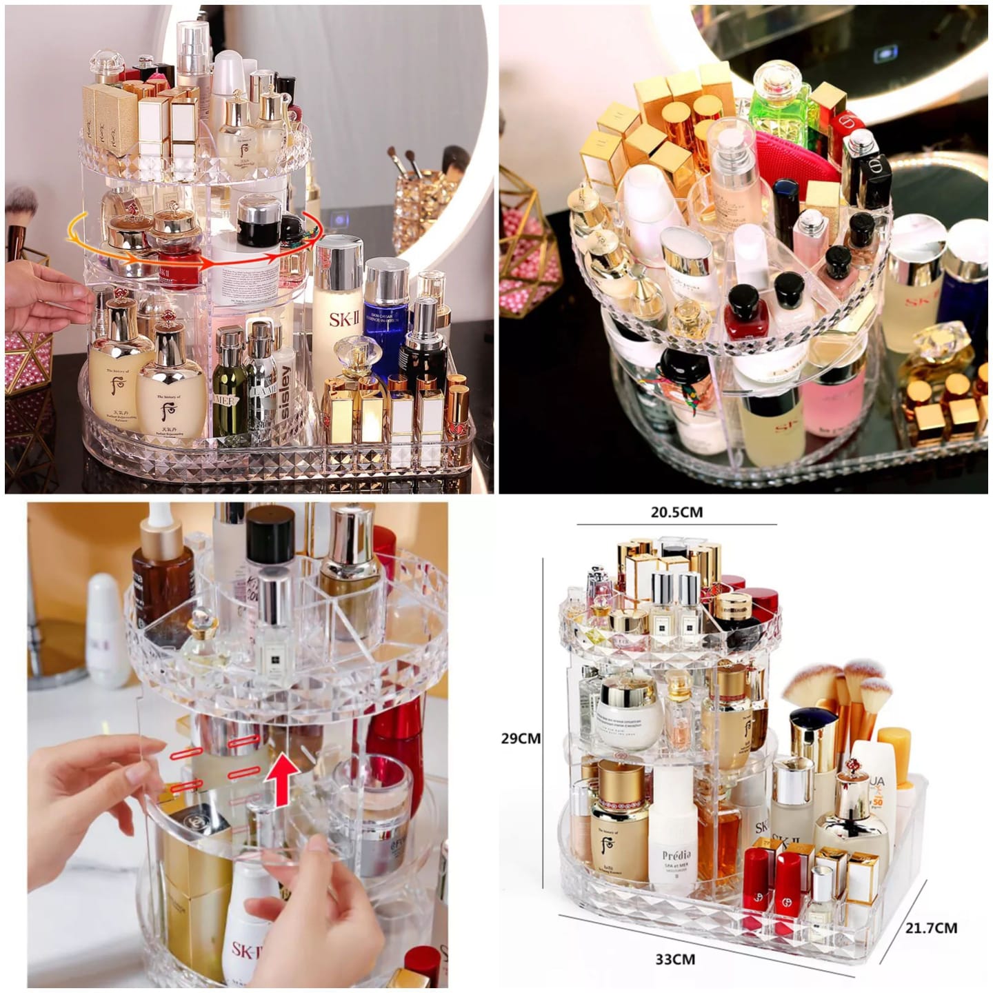 360-Degree Rotating Acrylic Makeup Organizer - Adjustable Cosmetic Storage for Perfume, Skincare & Jewelry - Leyloo.pk