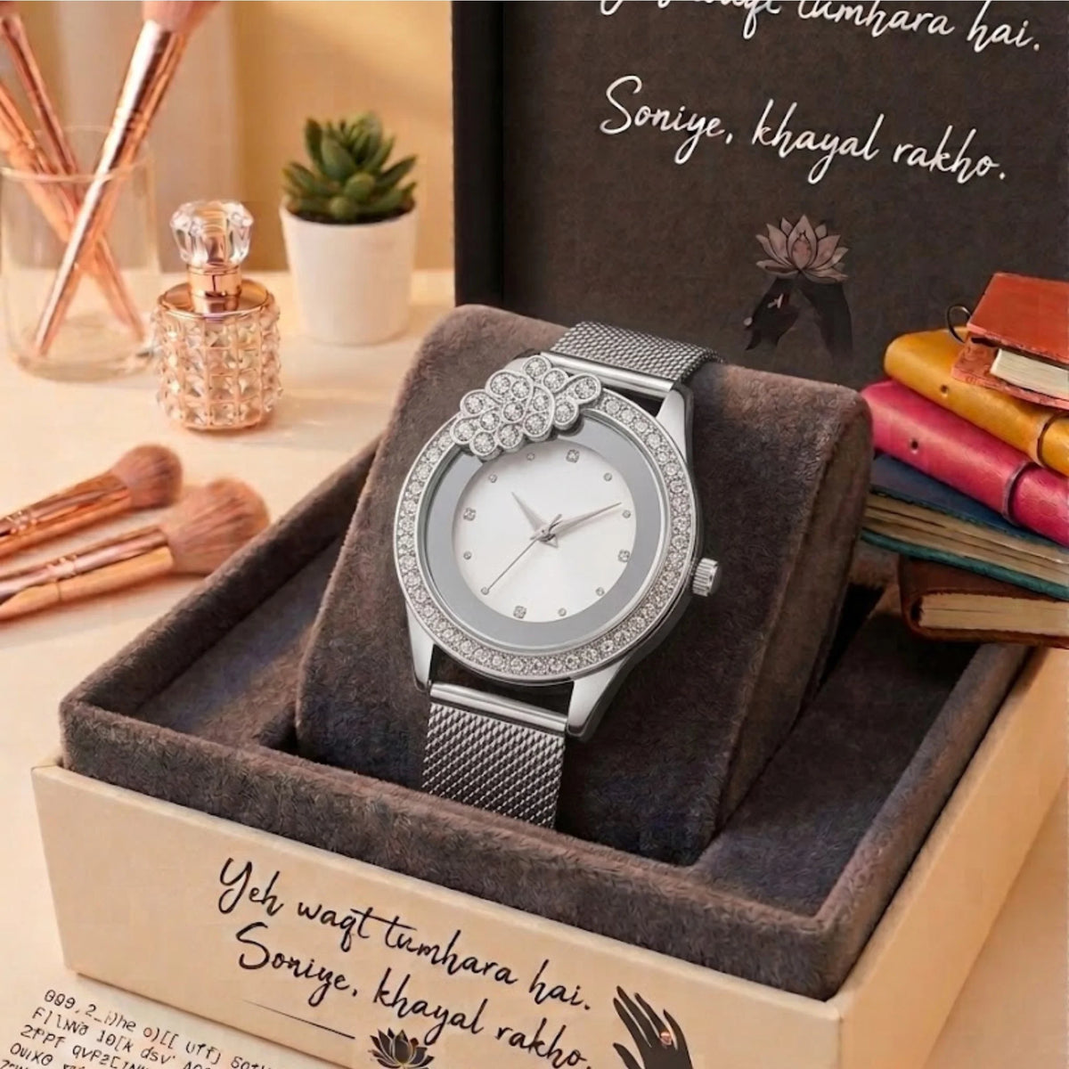 Women's Luxury Silver Analog Watch with Crystal Bezel & Magnetic Mesh Strap