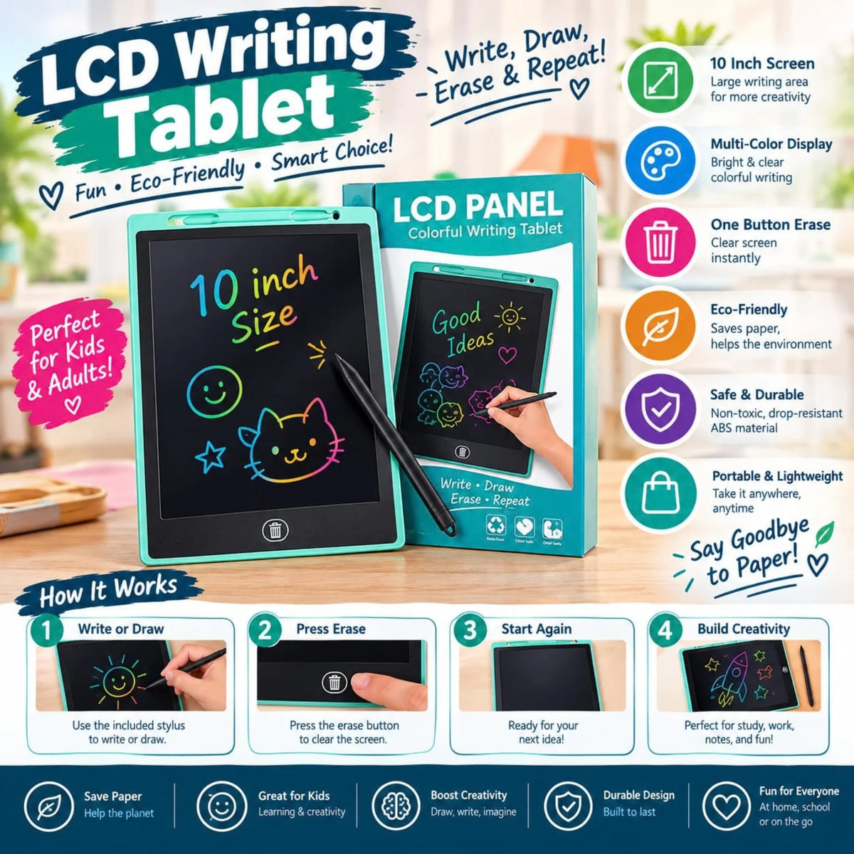 LCD Writing Tablet for Kids | Reusable Digital Drawing Pad with Stylus & One-Click Erase