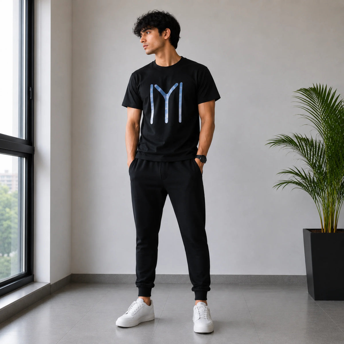 Men’s Black Graphic T-Shirt & Jogger Set – Casual Tracksuit