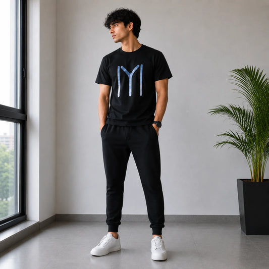 Men’s Black Graphic T-Shirt & Jogger Set – Casual Tracksuit