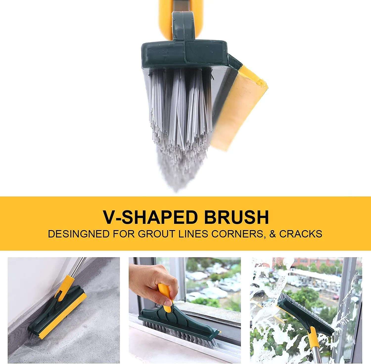 2 in 1 Floor Scrub Brush, V-Shaped Floor Scrub Brush With Long Handle, Bathroom Shower Cleaning Brush Magic Broom Brush 120° Rotating Removable Brush Head For Bathroom, Tiles, Removable Wiper For Rooms & Windows | Bathroom Shower Crevice Cleaning Brush