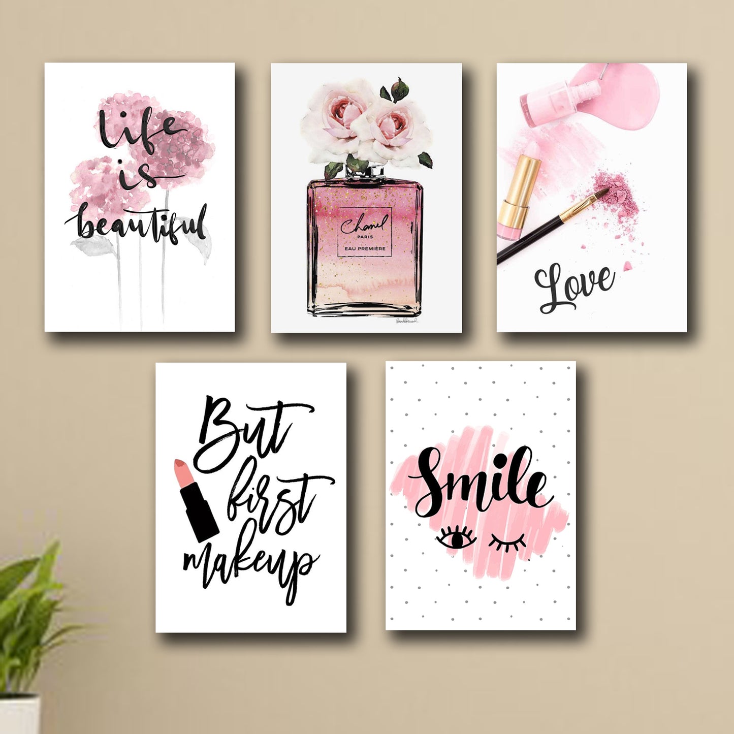 set of 5 make up themed girls room decore wall art wooden sticky Phototile frames - Leyloo.pk