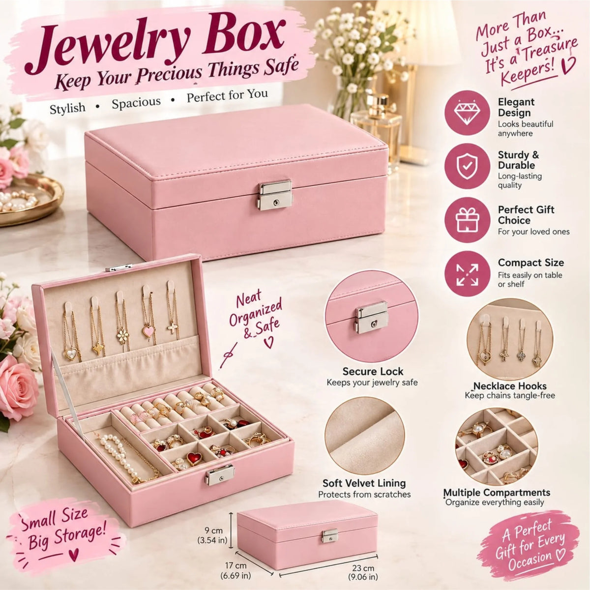 Elegant Double-Layer PU Leather Jewelry Organizer Box with Secure Lock & Velvet Lining