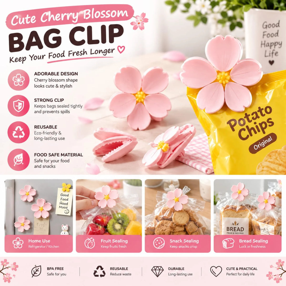 Cute Cherry Blossom Bag Clips – Reusable Food Storage Sealing Clips