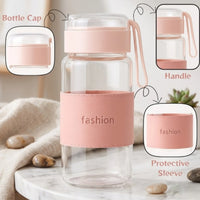 400ml Aesthetic Borosilicate Glass Water Bottle with Protective Leather Sleeve & Portable Strap