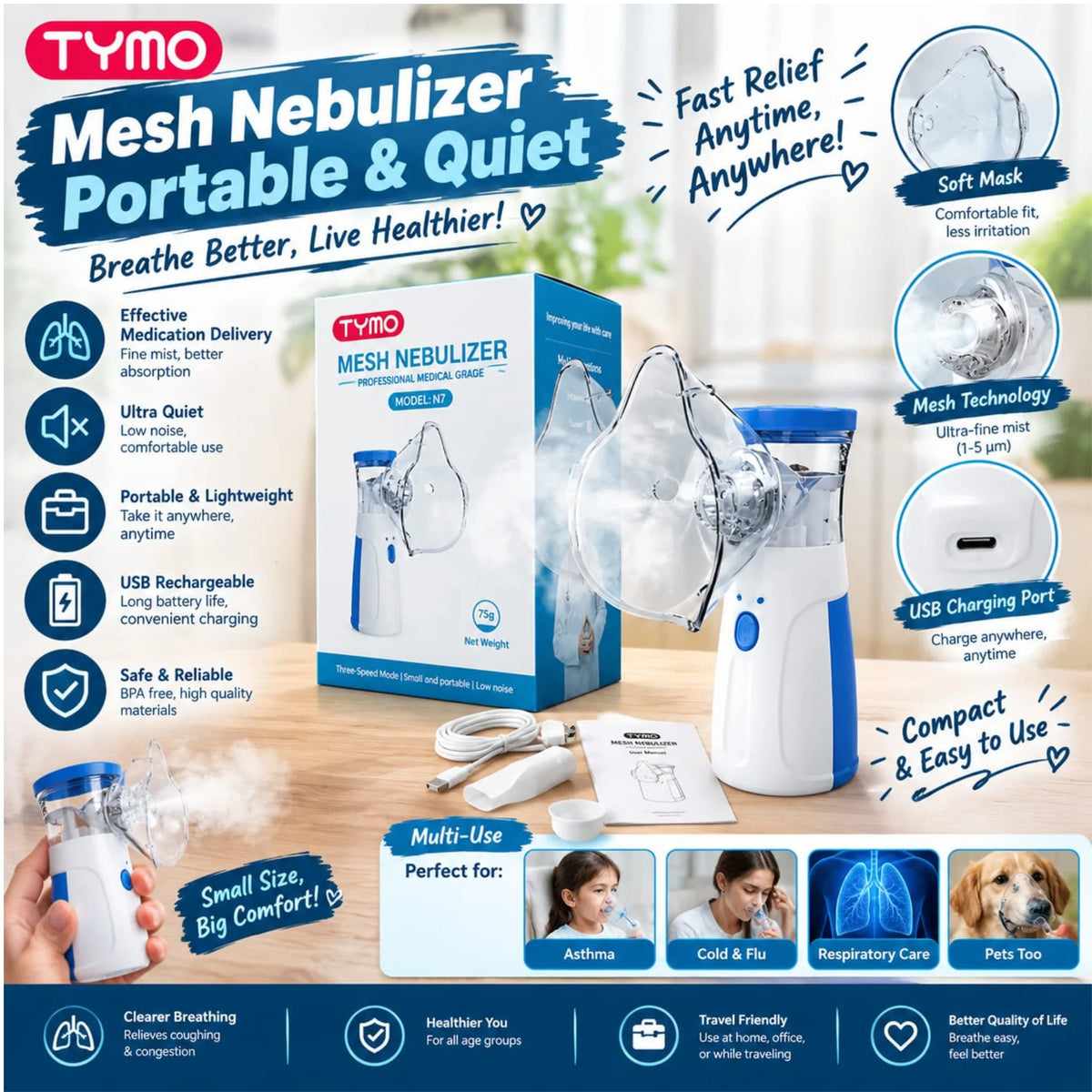 Portable Mesh Nebulizer Machine – Ultra Quiet Handheld Inhaler with USB Rechargeable Battery
