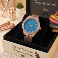 Women's Luxury Rose Gold Analog Watch with Blue Crystal Dial & Magnetic Mesh Strap