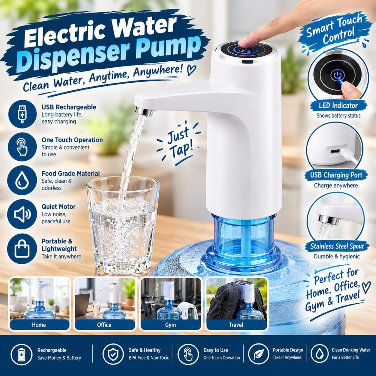 Electric Water Dispenser Pump – Automatic USB Rechargeable Water Bottle Switch
