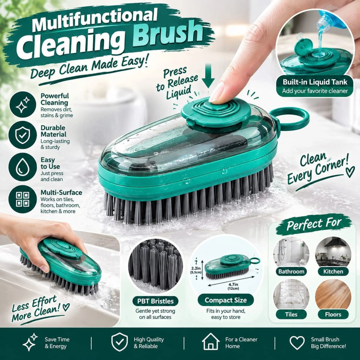 Multifunctional Cleaning Brush with Liquid Dispenser – Press to Release Soap Scrubber