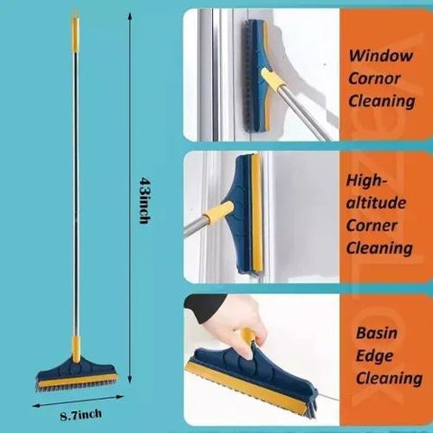 2 in 1 Floor Scrub Brush, V-Shaped Floor Scrub Brush With Long Handle, Bathroom Shower Cleaning Brush Magic Broom Brush 120° Rotating Removable Brush Head For Bathroom, Tiles, Removable Wiper For Rooms & Windows | Bathroom Shower Crevice Cleaning Brush