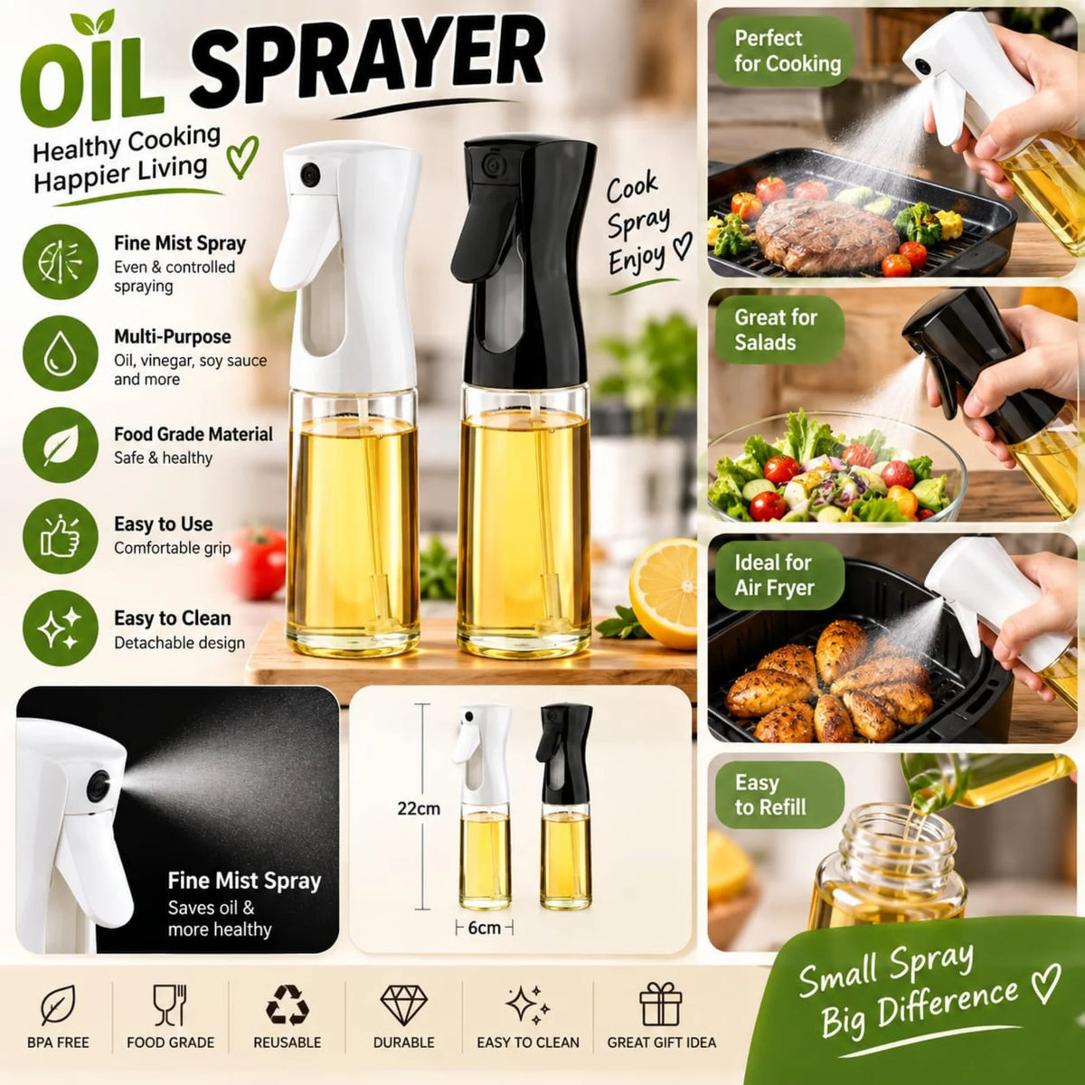 Oil Sprayer Bottle for Cooking – Refillable Fine Mist Oil Spray Bottle