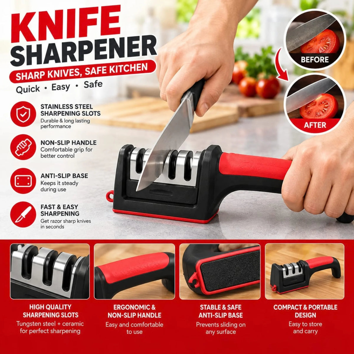 3-Stage Manual Kitchen Knife Sharpener – Non-Slip Professional Sharpening Tool