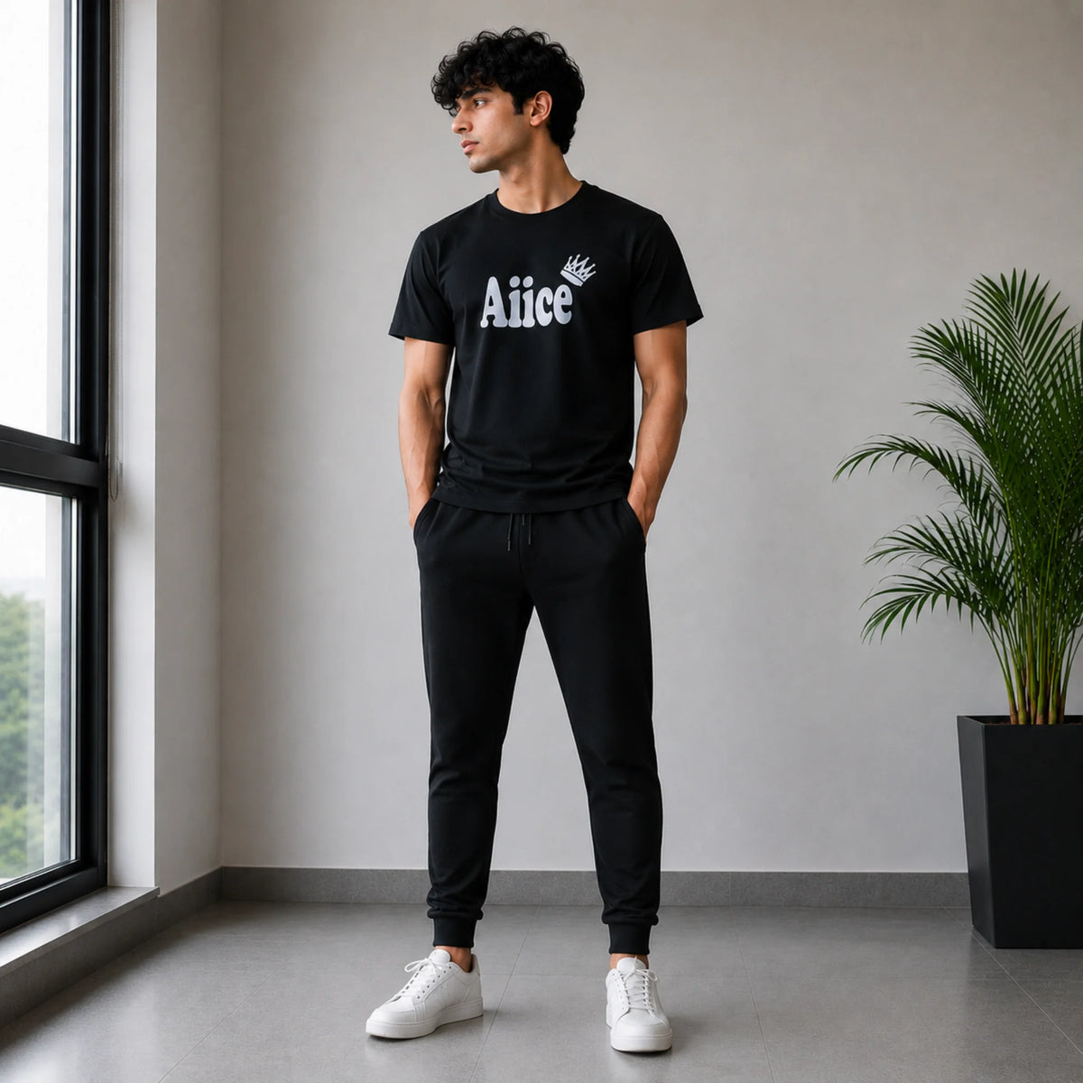 Men’s Black Graphic T-Shirt & Jogger Set – Stylish Casual 2-Piece Outfit