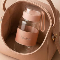 400ml Aesthetic Borosilicate Glass Water Bottle with Protective Leather Sleeve & Portable Strap
