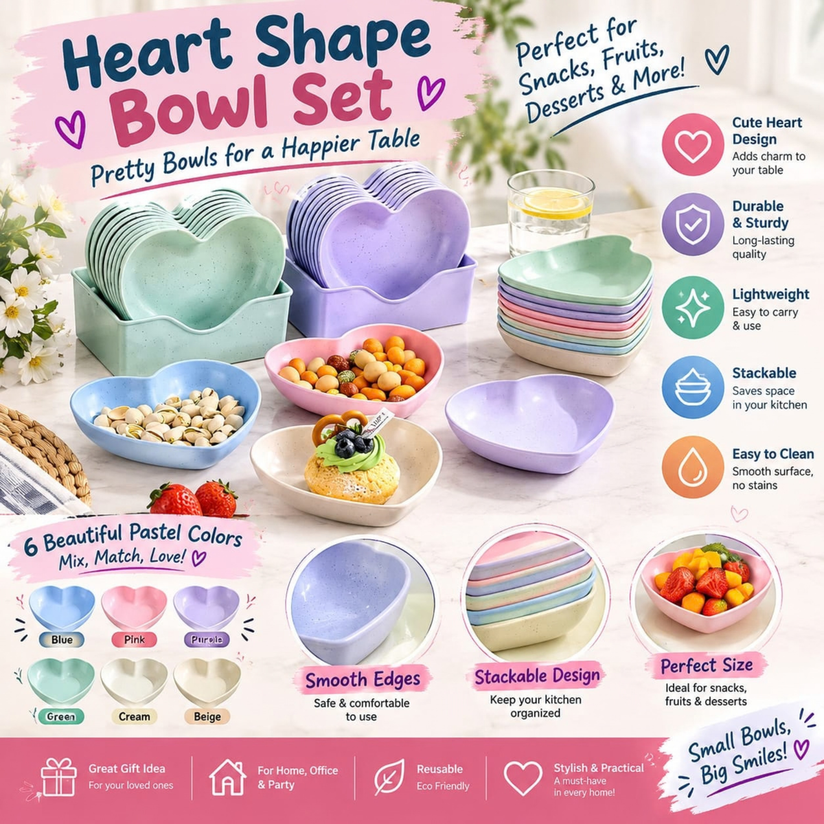 Heart Shape Bowl Set – Cute Pastel Snack & Dessert Bowls with Holder Base
