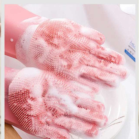 Gloves For Kitchen Magic Reusable Silicone Gloves with Wash Scrubber, Heat Resistant, for Cleaning, Household, Dish Washing, Washing the Car Kitchen, Bathroom, Pet and Multipurpose Cleaning and Washing