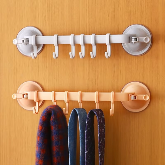 6-Hook Adjustable Suction Cup Wall Hanger – Multipurpose Bathroom Hook Rack | No Drill Storage Organizer