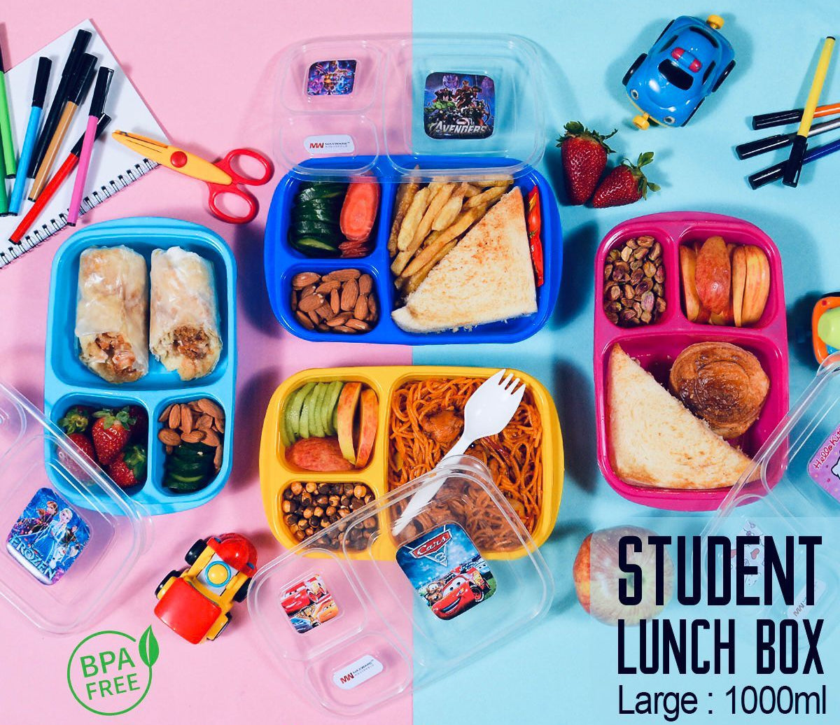 (NW00019) Student Lunch Box (Plastic) - 1000ml - Lunch Box With Three Portions/Compartments (Random Color)