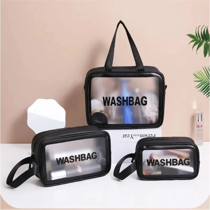 Set of 3 Portable Cosmetic Waterproof Bags – Large Capacity Transparent PVC Makeup Storage Handbags | Travel Toiletry Organizer for Women