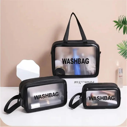 Set of 3 Portable Cosmetic Waterproof Bags – Large Capacity Transparent PVC Makeup Storage Handbags | Travel Toiletry Organizer for Women