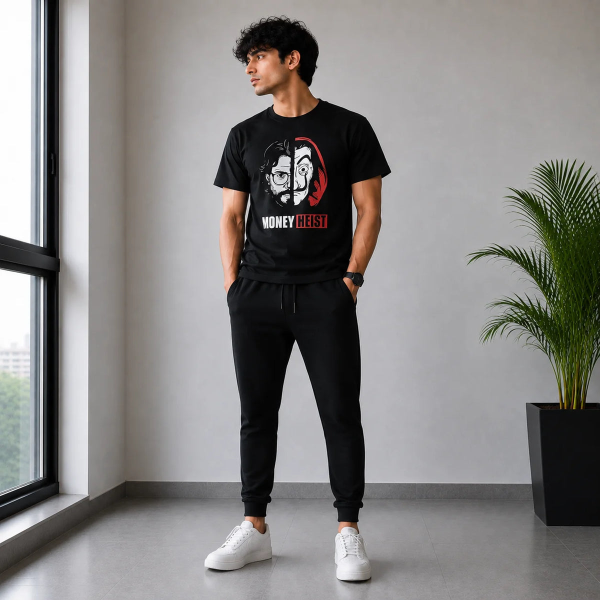 Men’s Black Money Heist Graphic T-Shirt & Jogger Set – Casual 2-Piece Outfit