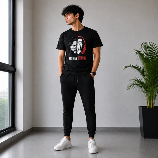 Men’s Black Money Heist Graphic T-Shirt & Jogger Set – Casual 2-Piece Outfit