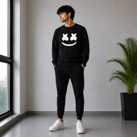 Men’s Black Smiley Face Sweatshirt & Jogger Set – Casual 2-Piece Outfit