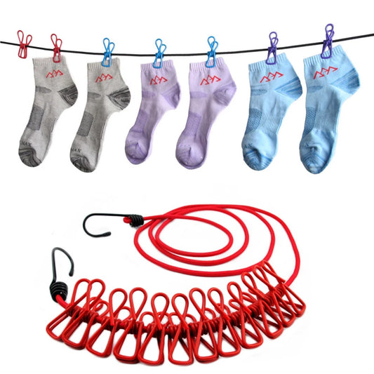 12 clips Cloth Line rope hang portable - Elastic, Windproof Eco-Friendly for Travel  Home Use (random color)