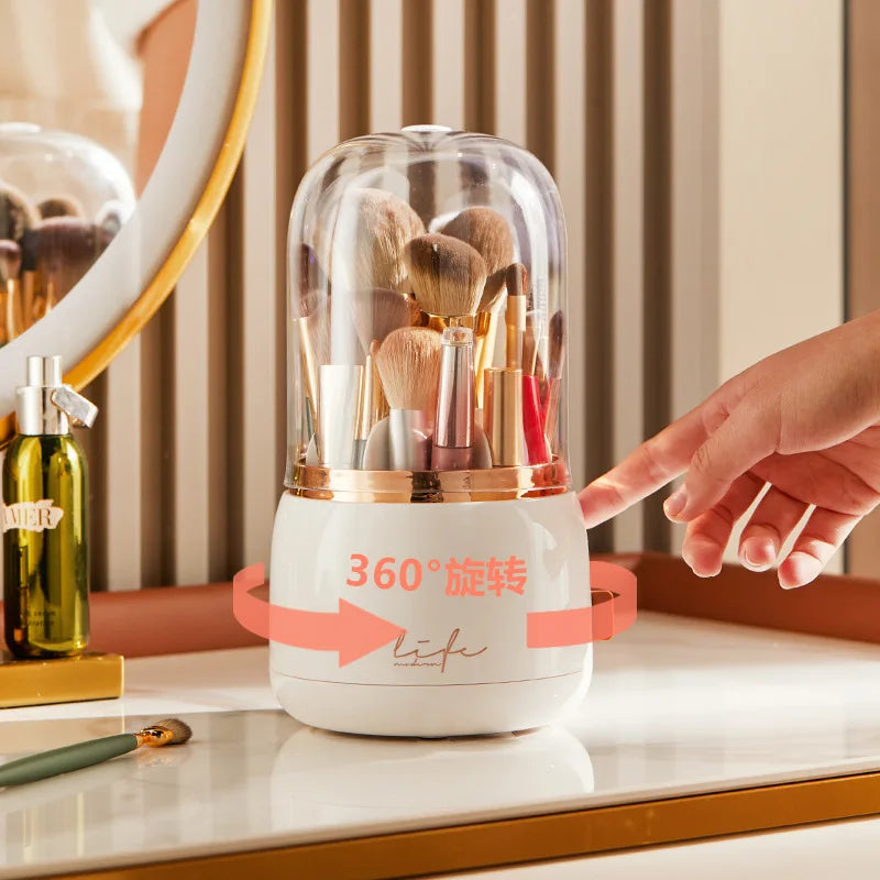 360° Rotating Makeup Brush Holder | Dustproof Transparent Acrylic Organizer with Lid