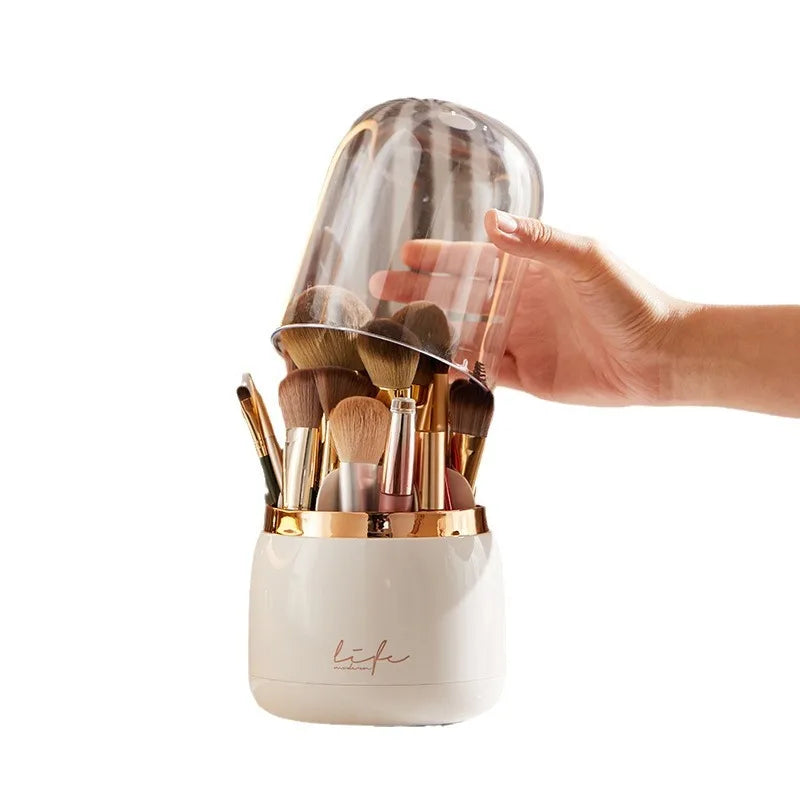 360° Rotating Makeup Brush Holder | Dustproof Transparent Acrylic Organizer with Lid