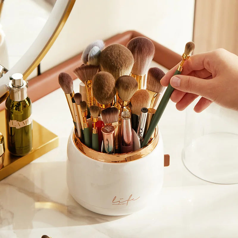 360° Rotating Makeup Brush Holder | Dustproof Transparent Acrylic Organizer with Lid