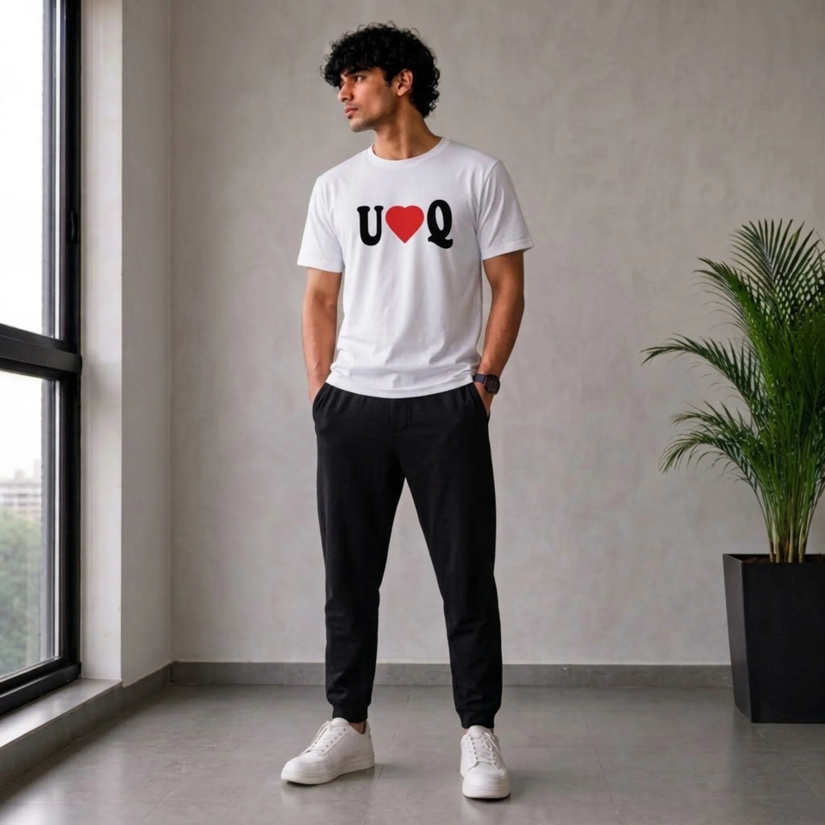 Men’s "U ♥ Q" Printed White Crew Neck T-Shirt