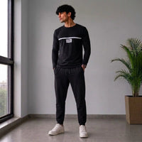 Men’s Black Long Sleeve Chest Stripe Graphic T-Shirt