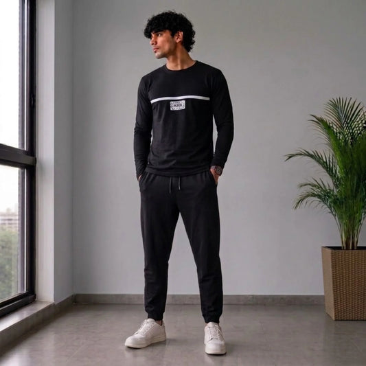 Men’s Black Long Sleeve Chest Stripe Graphic T-Shirt