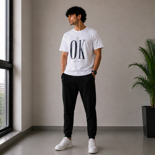 Men's "It's OK Don't Worry" Graphic Printed White Round Neck T-Shirt
