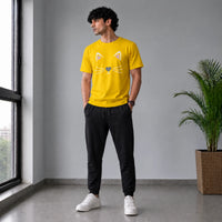 Men’s Yellow Cat Face Graphic Printed Crew Neck T-Shirt