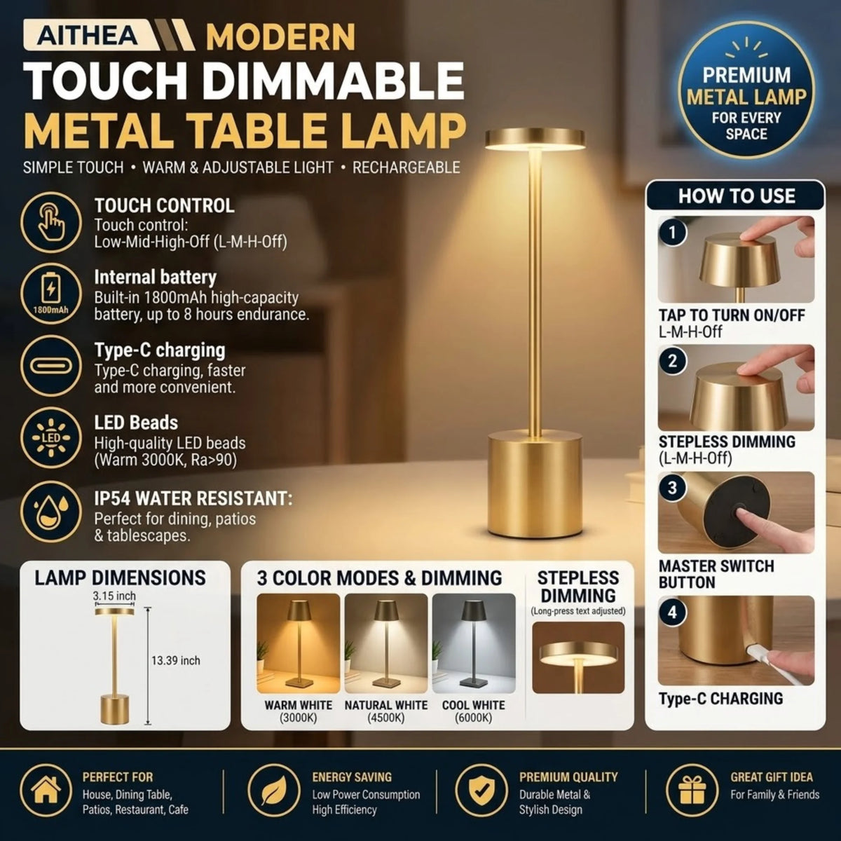 Modern Touch Dimmable Metal Table Lamp – Cordless Rechargeable LED Desk Light